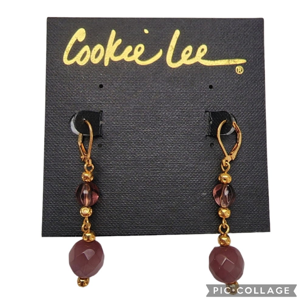 Cookie Lee cat’s eye crystal & purple art glass earrings NWT